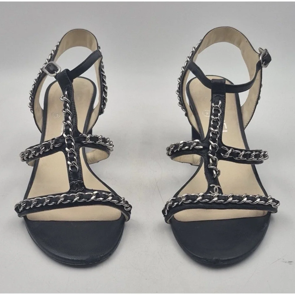 CHANEL Black Chain T-Strap Sandal Heels 39.5‎ 8.5 Silver CC Block